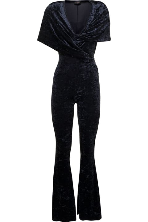 The Andamane Clothing for Women The Andamane 'naomi' Blue Hooded Flared Jumpsuit In Crushed Velvet Woman