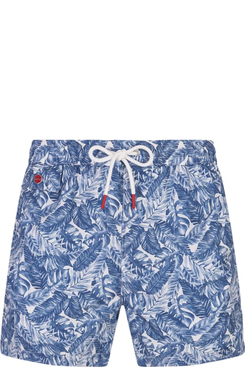 Swimwear for Men Kiton White Swim Shorts With Blue Foliage Print