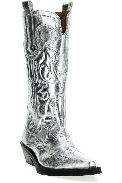 Ganni for Women Ganni 'silver Mid Shaft Embroidered Western' Boots