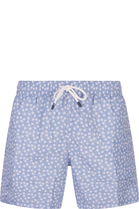 Sale for Men Fedeli Cornflower Blue Swim Shorts With Micro Daisy Pattern