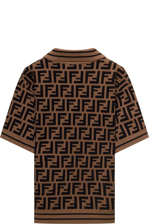 Brown Knit Polo With All-over Ff Motif In Viscose Boy