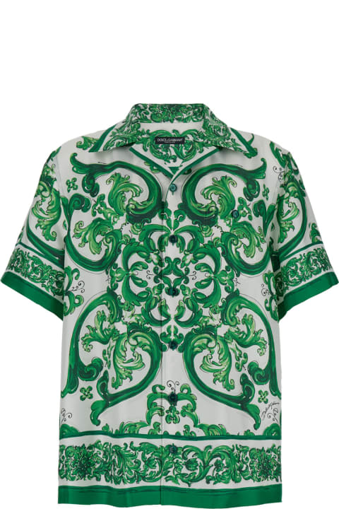 Dolce & Gabbana Sale for Men Dolce & Gabbana 'palermo' Green And White Bowling Shirt With Majolica Print In Silk Man