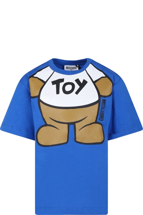 Fashion for Kids Moschino Blue T-shirt For Boy With Teddy Bear And Logo