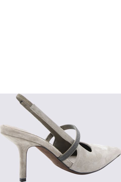 Brunello Cucinelli Grey Suede Monili Chain Slingback Pumps