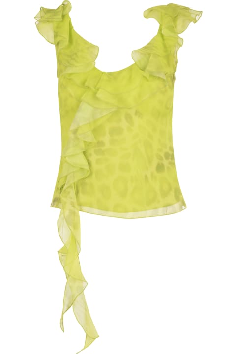 Yellow Top In Printed Silk With Ruffles