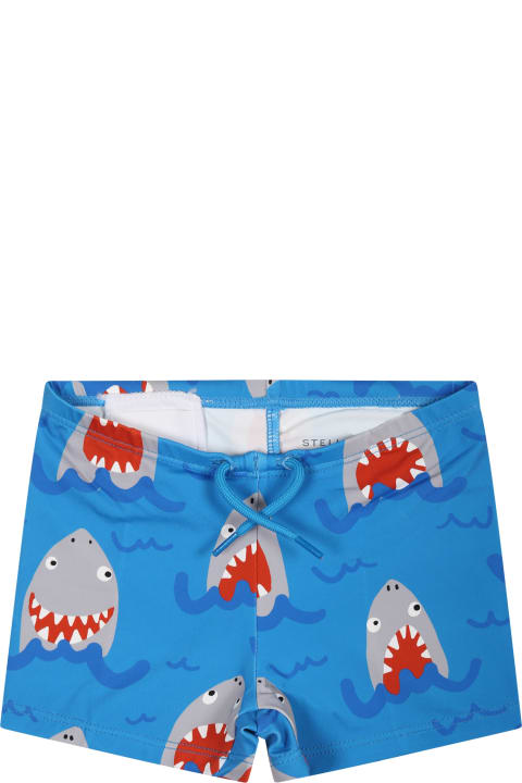 Stella McCartney Swimwear for Baby Boys Stella McCartney Light Blue Boxer Shorts For Baby Boy With All-over Shark Print
