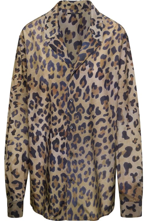 Brown Loose Leopard Printed Pyjama Shirt In Cotton Blend Woman