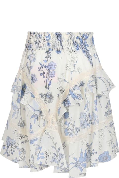 White Skirt For Girl With Floral Print And Logo