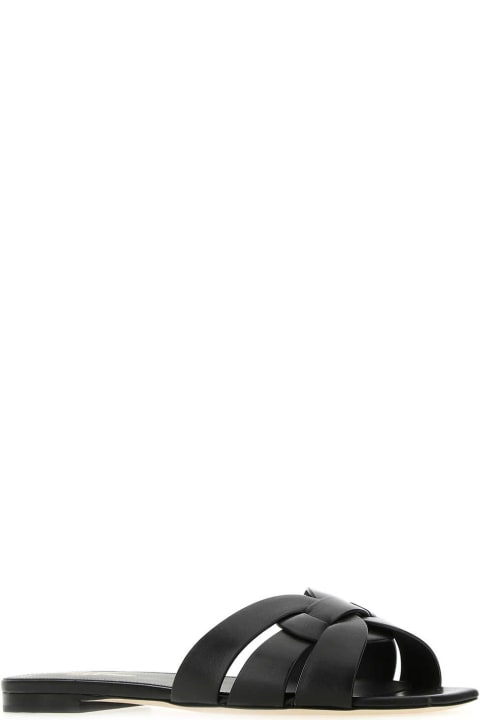 Saint Laurent Black Leather Tribute Slippers