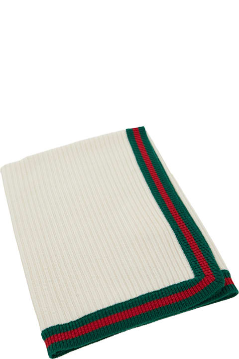 Sale for Homeware Gucci White Ribbed Blanket With Striped Edge In Wool Kids