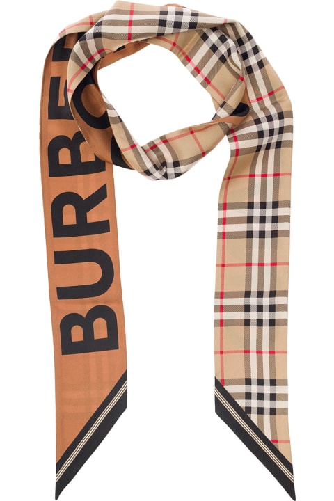 Beige Scarf With Vintage Check Motif And Logo Lettering Print In Cashmere Woman