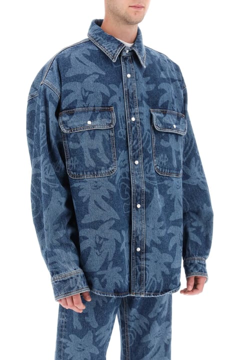 Palm Angels Coats & Jackets for Men Palm Angels Overshirt In Denim With Laser Print All-over
