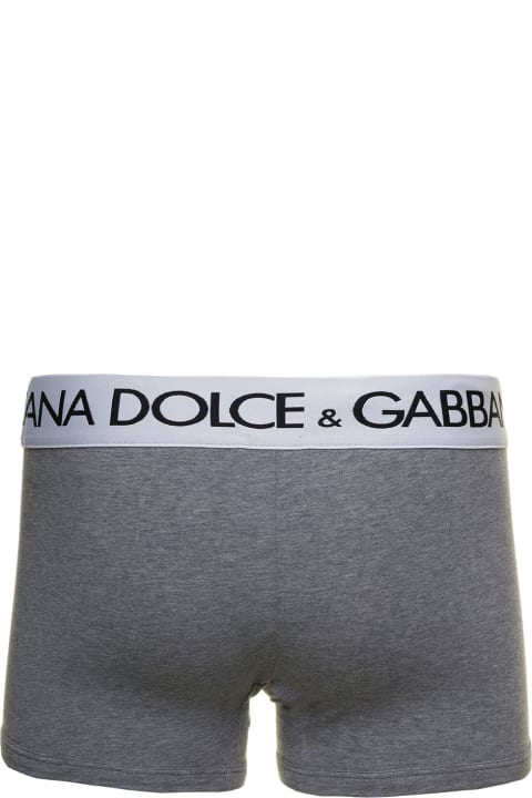 メンズ アンダーウェア Dolce & Gabbana Grey Boxer Briefs With Branded Waistband In Stretch Cotton Man