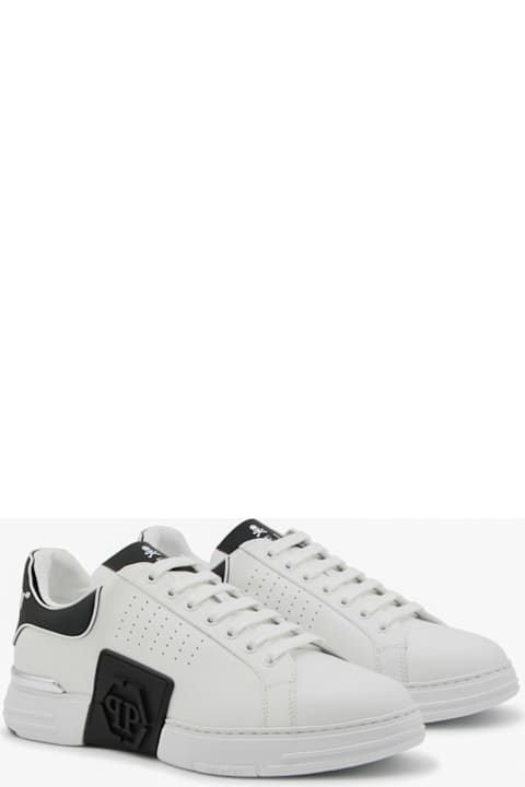Philipp Plein for Kids Philipp Plein White And Black Leather Hexagone Sneakers