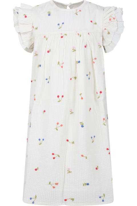 Dresses for Girls Bonpoint White Dress For Girl With All-over Cherry And Multicolor Flower Embroidery