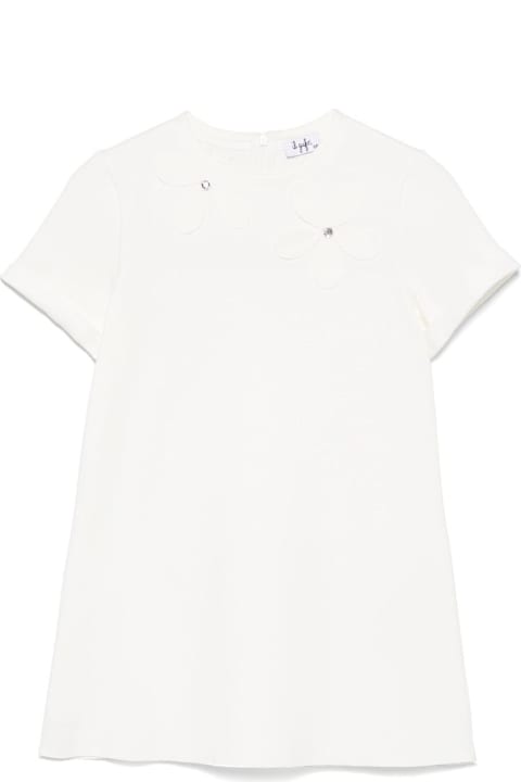Homeware Il Gufo White Crewneck Dress With Floral Patches On The Front And Rear Concealed Zip Closure In Viscose Blend Stretch Girl