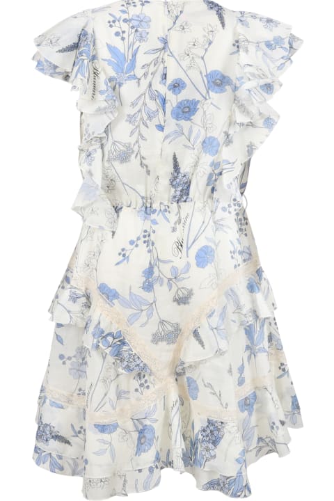 White Dress For Girl With  Floral Print And Logo
