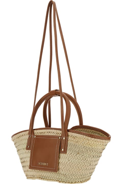 Jacquemus 'le Panier Soli' Beige And Brown Tote Bag With Patch Pocket And Logo In Straw And Leather Woman