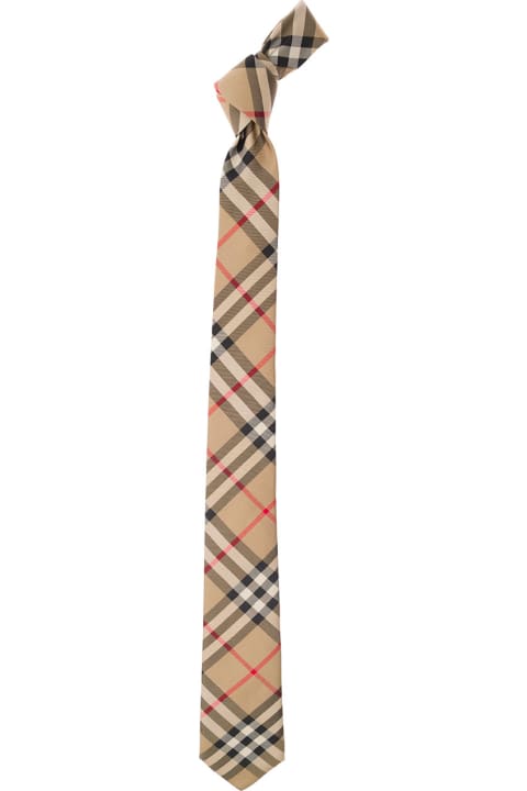 Beige Scarf With All-over Vintage Check Print In Silk Man