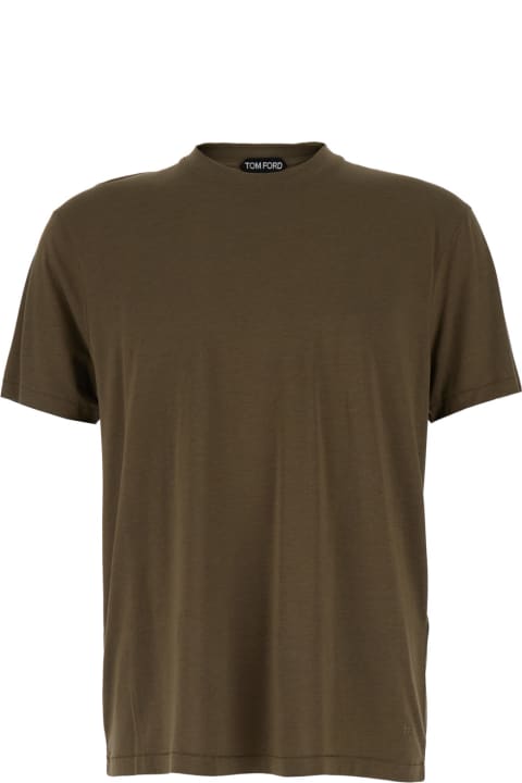 Tom Ford Topwear for Men Tom Ford Military Green Crewneck T-shirt With Tf Embroidery In Lyocell And Cotton Blend Man
