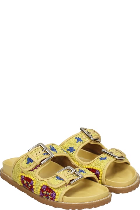Flats In Yellow Leather And Fabric