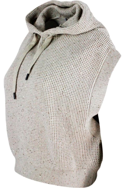 Cropped Sleeveless Sweater With Hood And Adjustable Drawstring In Cotton With English Rib Knit Embellished With Sequins