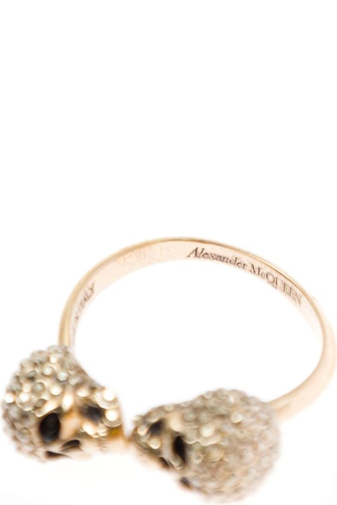 Alexander Mcqueen Woman's Brass Twin Skull Ring With Crystals Applied