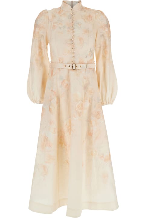 Zimmermann for Women Zimmermann 'crush' Multicolor Midi Dress With Puffed Sleeves And Adjustable And Removable Belt In Linen Woman