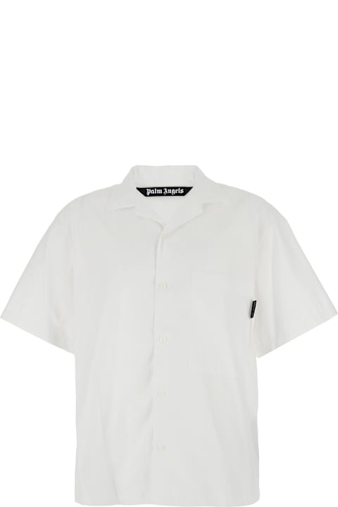 Palm Angels قمصان لـ القسم الرجالي Palm Angels White Bowling Shirt With Cuban Collar And Maxi Logo Print On The Rear In Cotton Man