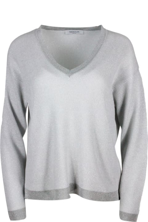 Fashion for Women Fabiana Filippi V-neck Cotton Blend Sweater Embellished With Lurex Rows With Contrasting Color Edges