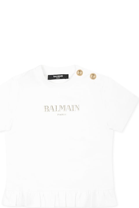 Balmain T-Shirts & Polo Shirts for Baby Girls Balmain White T-shirt For Baby Girl With Gold Logo