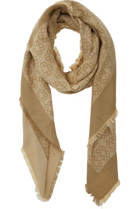 Homeware TwinSet Beige Rectangular Scarf With All-over Print And Fringed Hem In Viscose Woman