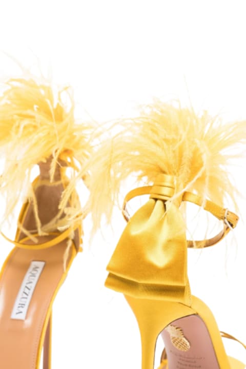 Aquazzurra  Woman's Concerto Yellow Satin Sandals With Feathers Deatail