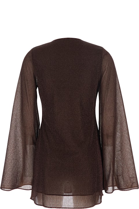 Homeware Oseree Brown Caftan With Deep V-neck And Semi-trasparent Design In Fabric Woman