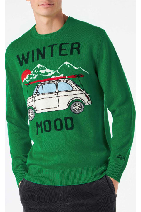 Homeware MC2 Saint Barth Crewneck Sweater Heron With Fiat 500 Jacquard | Fiat 500 Special Edition