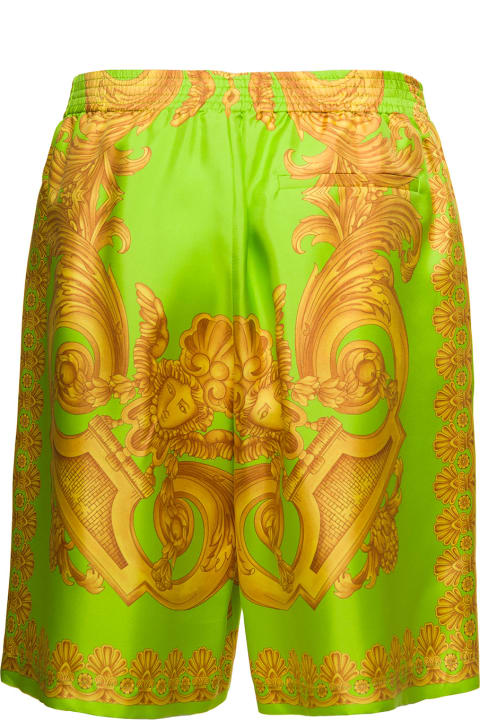 Green And Gold Shorts With All-over Barrocco Print In Silk Man