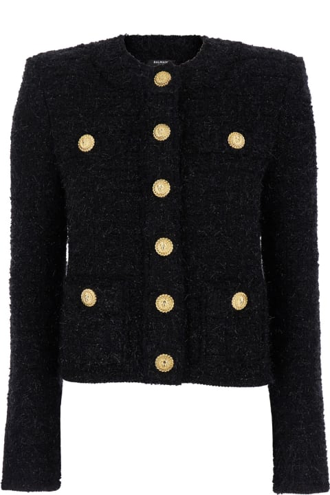 Balmain Sweaters for Women Balmain 'miami' Black Collarless Jacket With Jewel Buttons In Tweed Woman