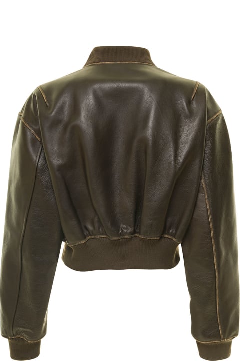 Brown Cropped Jacket With Bomber Collar In Leather Woman