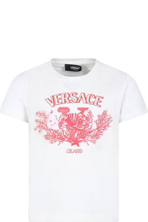 Versace Topwear for Girls Versace White T-shirt For Girl With Logo And Marine Print