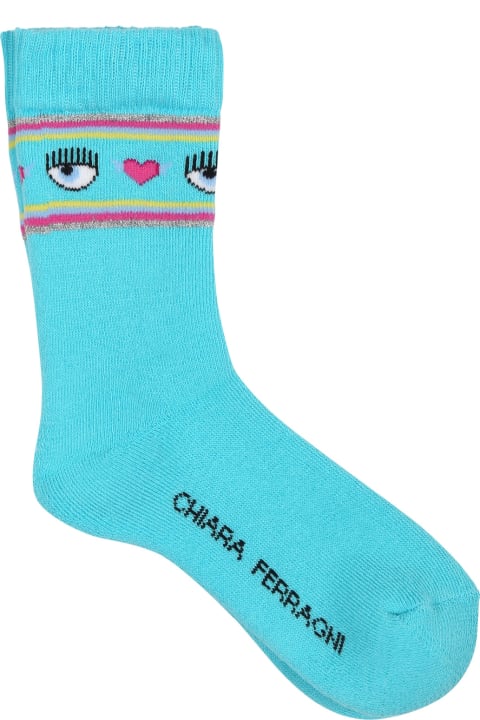 Chiara Ferragni Men Chiara Ferragni Light Blue Socks For Girl With Flirting Eyes And Hearts