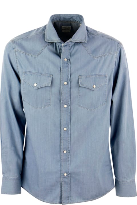 Shirts for Men Brunello Cucinelli Lightweight Denim Leisure Fit Shirt With Press Studs, Epaulettes And Pockets
