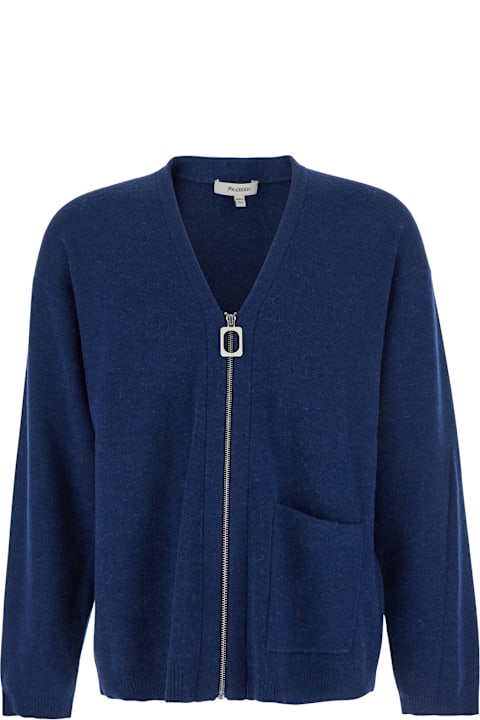 J.W. Anderson for Kids J.W. Anderson Blue Cardigan With V Neck And And Front Zip Closure In Wool Blend Man