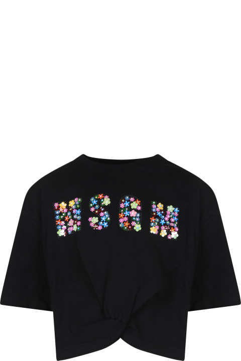 MSGM T-Shirts & Polo Shirts for Women MSGM Black Crop T-shirt For Girl With Logo And Beads