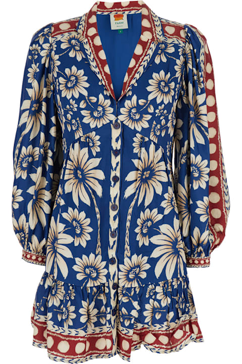 Homeware Farm Rio 'luna' Blue Mini Dress With V Neck And All-over Floral Motif In Viscose Woman