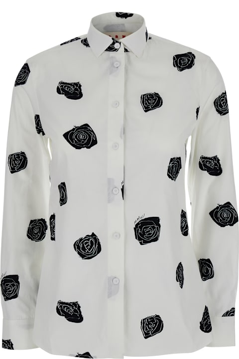 Marni for Women Marni White Shirt With Classic Collar And All-over Floral Morif In Cotton Woman
