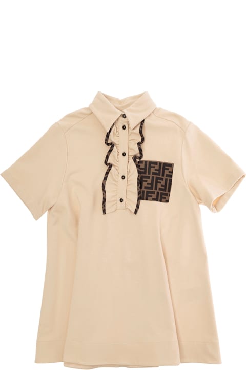 Dresses for Girls Fendi 'lien' Beige Dress With Classic Collar And Patch Pocket With Ff Logo In Tech Fabric Girl