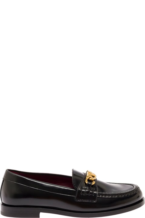 Black Loafer With Metal Vlogo Detail In Leather Woman