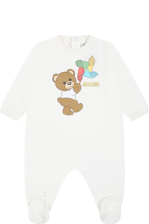 Bodysuits & Sets for Baby Girls Moschino Ivory Bodysuit For Babies With Teddy Bear And Multicolor Pinwheel