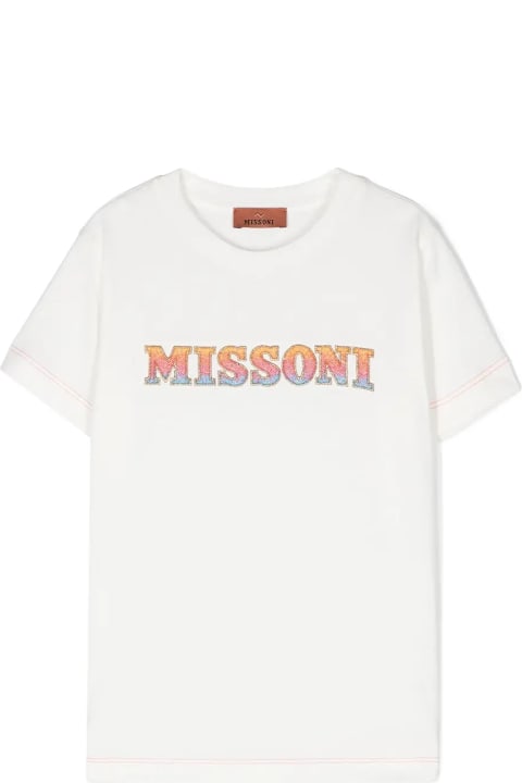 Missoni قمصان بياقة دائرية وقمصان البولو لـ بنات Missoni White T-shirt With Multicoloured Logo