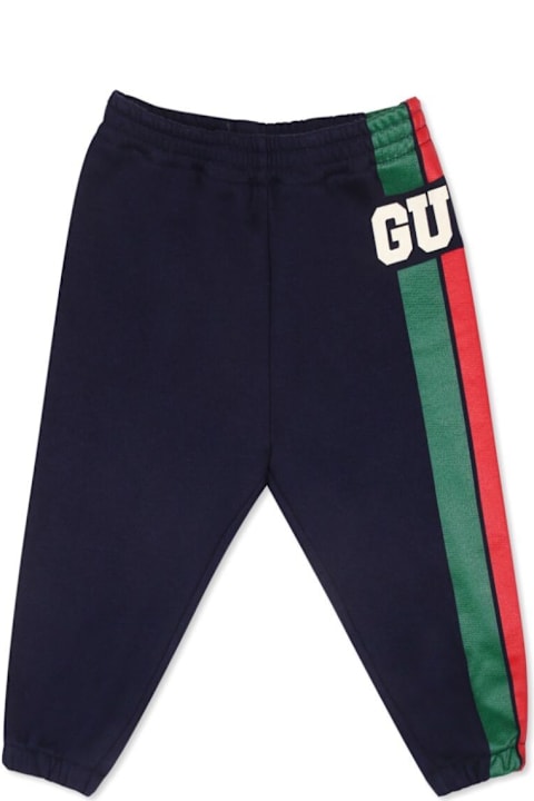 Bottoms for Baby Boys Gucci Black Pants With Web Detail And Logo Lettering In Fabric Baby